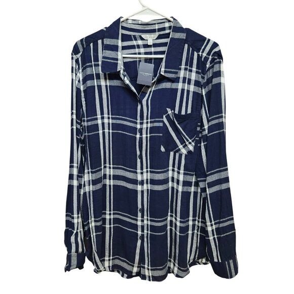 NEW Lucky Brand Womens‎ XL Button Up Shirt Blue Plaid Pattern Gauze Collared - Picture 3 of 16